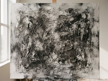 Frontal medium format photograph of a large-scale textured canvas, rich charcoal and white pigment density, soft natural side-light, empty sunlit studio environment