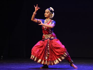 A classical Indian dancer in mid-spin, traditional costume, dramatic stage lighting, capturing precise hand mudras