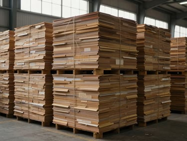 Wide shot of stacked and baled paper offcuts in a warehouse-style storage area, natural light entering from a high industrial window, bales tightly compressed and uniformly sized