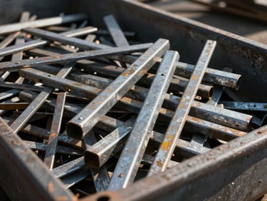 Close-up of sorted scrap metal pieces—mixed ferrous and non-ferrous—stacked in an open bin at a processing yard, afternoon daylight casting hard shadows, industrial textures visible