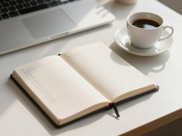 A clean, minimalist workspace in Jakarta with a notebook showing structured financial goals, a cup of coffee, and soft morning light.