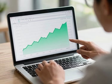 Over-the-shoulder shot of an Indonesian professional analyzing a clean financial spreadsheet on a laptop, vibrant green growth line on screen, natural window lighting.