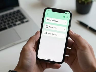 Close-up of hands holding a smartphone displaying a clean, modern asset tracking dashboard with a subtle green glow, professional workspace background.