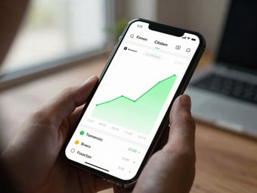 A close-up over-the-shoulder shot of a clean, modern financial dashboard UI on a smartphone screen, subtle neon-green glowing growth curves, soft window lighting, professional Indonesian workspace background.