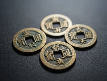 Close-up of three ancient Chinese coins with worn patinas, arranged on a dark, textured surface, soft diffused light, deep charcoal and matte gold tones, high contrast, 35mm.