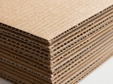 Macro detail shot of corrugated cardboard sheet edges, showing clean precise wavy structural layers, bright natural factory daylight.