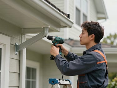 Technician safely positioned on a ladder tightening a heavy-duty gutter bracket with a drill, residential home background.