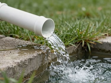 Clear water flowing rapidly out of a clean white downspout onto a concrete splash block in a green yard.