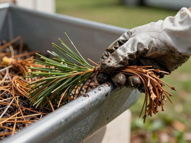 Close-up of a gloved hand pulling wet oak tassels and pine needles from a metal gutter, bright Florida daylight.