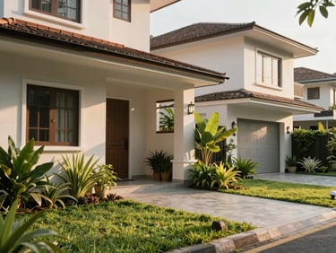 Medium environmental shot of clean modern Indonesian house facades, warm morning light, native plants and green lawns in front, unposed lifestyle feel.