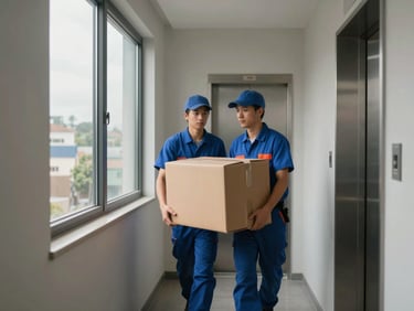 Wide environmental shot of two workers carrying a cardboard box down an apartment corridor, overcast daylight from a hallway window, elevator doors visible in the background, focus on grip and posture, no faces visible