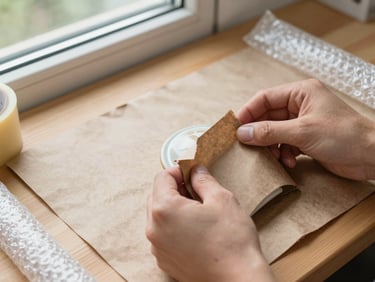 Close-up overhead shot of hands folding kraft packing paper around a ceramic object on a wooden surface, natural daylight from a north-facing window, packing tape and bubble wrap visible at the edge of frame, no faces