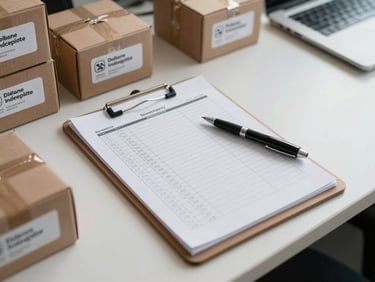 Overhead process shot of a printed inventory checklist on a clipboard beside labeled boxes in an office space, fluorescent and natural mixed light, pen resting on the form, no faces, desks visible in soft background