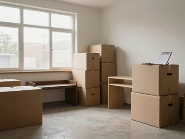 Wide shot of an empty room being cleared, boxes stacked neatly along one wall and furniture positioned for placement, natural daylight from a large window, checklist clipboard visible on a box top, no people