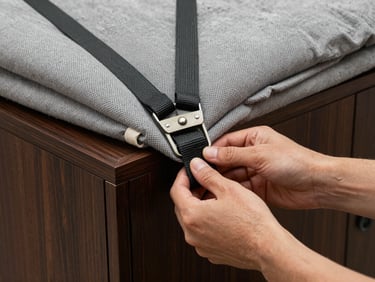 Close-up of hands securing a moving blanket around the corner of a dark wood cabinet using ratchet straps, tungsten warehouse light, textured fabric and metal buckle in sharp focus, no faces