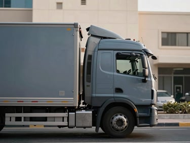 Exterior shot of a moving truck cab parked on a Dubai street, industrial blue-grey livery, driver's side door closed, late morning natural light, building facade visible in soft background, no people