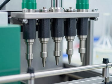 Macro shot of a high-precision automated chemical bottling line, clean steel nozzles, clinical setting