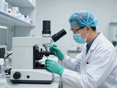 A professional laboratory technician in clean protective gear testing chemical purity with high-precision equipment, clinical bright light