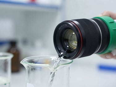 Close-up of a laboratory beaker pouring clear industrial solvent, bright clinical lighting, sharp focus, 35mm lens