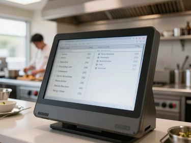 Close-up of a ruggedized kitchen display system showing an order, with a chef's hands blurred in the background, natural kitchen lighting, wide angle.