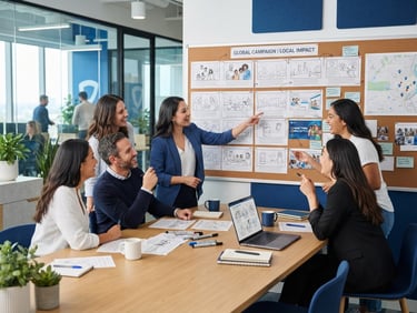A creative team storyboard-planning a localized video ad campaign in a modern bright workspace with blue accents