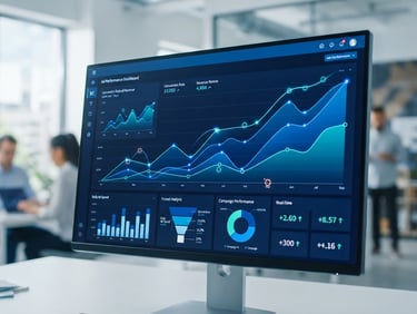 A clean modern analytics dashboard displaying real-time ad performance charts, sharp focus on climbing conversion graphs, deep blue accents