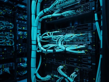Macro shot of a high-end server rack with neon cyan data cables, sharp focus, technical dark atmosphere, 35mm lens