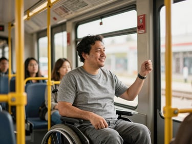 Adult with developmental disability confidently using public transit, smiling at the bus driver. Warm daylight, authentic moment, shallow depth of field.