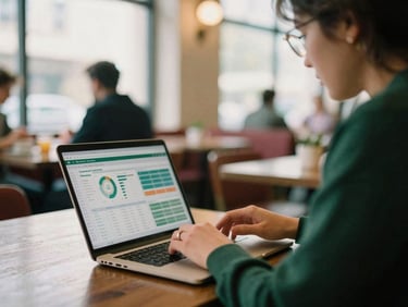 Social media manager reviewing analytics on a laptop, blurred restaurant background, soft natural light, behind-the-scenes, warm editorial photography, 35mm film.