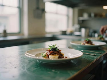 Photographer capturing a dish in a restaurant kitchen, soft natural light, behind-the-scenes, warm editorial photography, 35mm film.