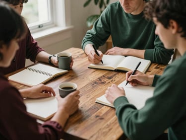 Team members planning content strategy around a rustic wooden table with coffee and notebooks, soft natural light, behind-the-scenes, warm editorial photography, 35mm film.