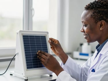 A close-up of a Guinean researcher in a bright modern laboratory, adjusting a solar-powered water filtration prototype under soft natural window light, 35mm lens