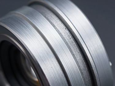 Extreme macro photography of an anodized aluminum lens cell, cool clinical lighting highlighting thread quality and sharp metal edges.
