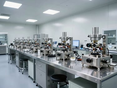 Wide sterile environmental shot of a clean-room assembly station, stainless steel fixtures and optical components under bright clinical lighting.