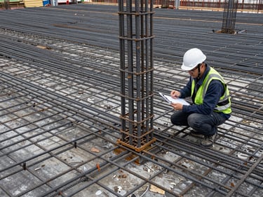 Wide environmental shot of rebar reinforcement layout on a building floor slab, dense grid of steel bars tied precisely at intersections, construction engineer with clipboard crouching to inspect a joint detail, overcast daylight, active construction site context