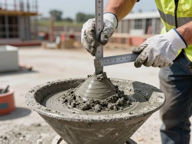 Close-up of a concrete slump test on a construction site, fresh grey concrete spread on a metal cone test plate, engineer's gloved hands measuring slump height with a metal ruler, bright daylight, construction site background slightly out of focus