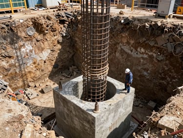 Wide shot of deep foundation excavation on a construction site, reinforcement steel cage lowered into a concrete pile bore hole, daylight, earthen walls of the excavation visible, engineer in hard hat inspecting at the edge