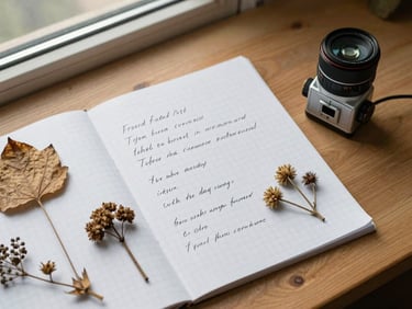 Overhead flat-lay of handwritten field notes on graph paper beside dried plant specimens and a small altitude measurement device on a wooden surface, natural window light