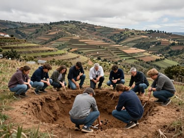 Wide shot of a small group of people crouched on a sloped field examining a soil profile pit, company casual clothing, overcast natural light, terraced Madeiran landscape in background