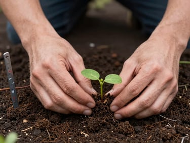 Close-up overhead view of two pairs of hands placing a nitrogen-fixing seedling into soil with a small measuring stake beside it, natural daylight, Madeiran volcanic earth