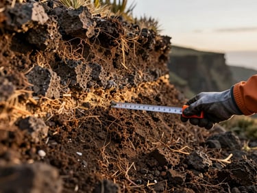 Close-up of a soil profile exposed on a cut slope in Madeira, layers of volcanic rock and organic matter visible, a gloved hand holding a measuring tape against the section, golden hour side light