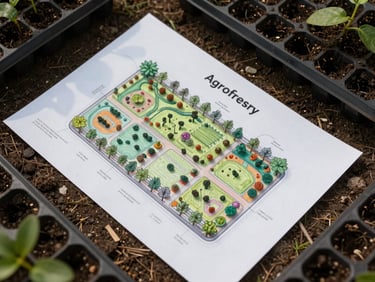 Overhead shot of a small agroforestry site plan drawn on paper, laid on raw earth beside seedling trays, natural daylight, pencil annotations visible on species zones