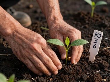 Close-up of hands pressing a young Leucaena seedling into dark volcanic soil, afternoon light, site stake with handwritten label visible beside the plant