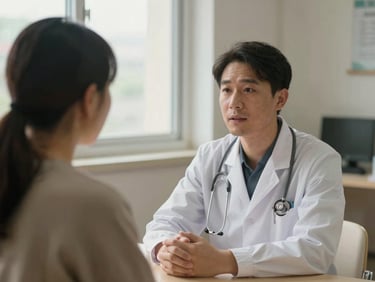 A healthcare professional in a clean, quiet community clinic talking with a patient, soft overcast light, unposed.