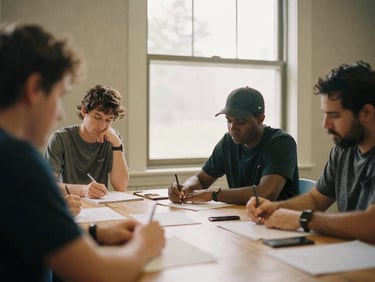 Documentary film photography of a community planning meeting, soft natural window light, warm muted earth tones, 35mm lens, authentic unposed moments.