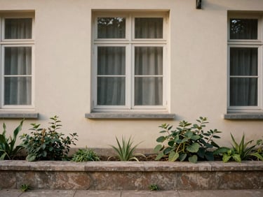 Quiet architectural detail of a newly restored community center garden, soft afternoon light, 35mm lens.