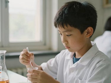 A young student engaged in a science experiment, soft natural window light, documentary film style, warm muted tones.