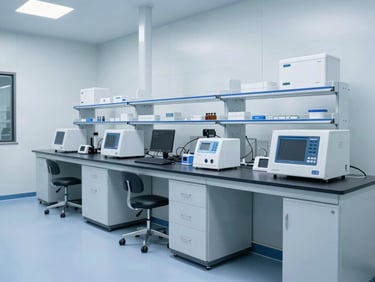 A modern cleanroom laboratory with technical equipment, bright daylight, sterile blue and slate tones, sharp focus, professional editorial style