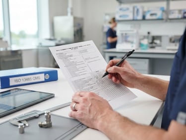 Hands of a quality engineer reviewing a technical ISO 13485 checklist on a clean white desk, bright daylight, clinical blue and slate tones