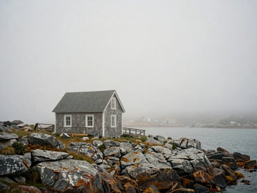 Dense morning fog rolling over a quiet, rocky Nova Scotia coastline, weathered shingle house barely visible, muted tones, soft light